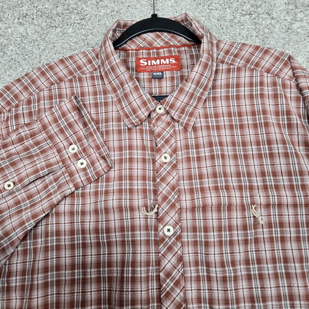 Simms Fishing Shirt Mens 2XL red/brown Plaid Button up Long Sleeve lightweight